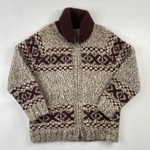 Vintage Hand Knit 100% Wool Cowichan Siwash Sweater Jacket Brown Grey 1874