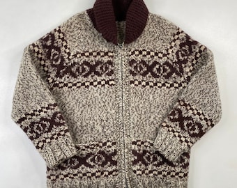 Vintage Hand Knit 100% Wool Cowichan Siwash Sweater Jacket Brown Grey 1874