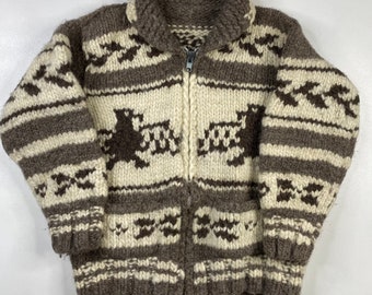 Vintage Hand Knit 100% Wool Cowichan Siwash Sweater Jacket Thunderbird 1857