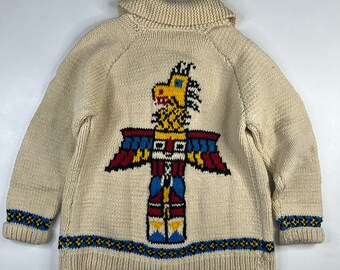 Vintage Hand Knit 100% Wool Cowichan Siwash Sweater Native American Totem Pole (1834)