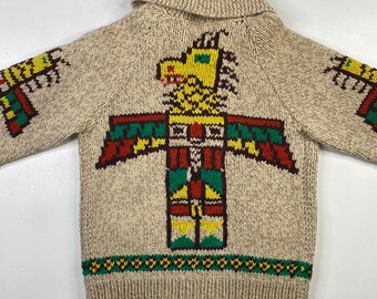 Vintage Handgestrickter 100% Wolle Cowichan Siwash Pullover Indianer Totem Pole Rot Schwarz 1704