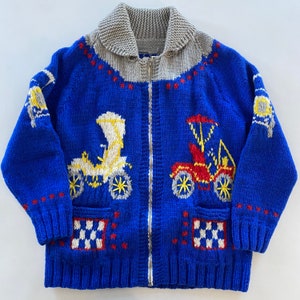 100% Wool Cowichan Siwash Mary Maxim Sweater Red Blue Cars XL (WC001)