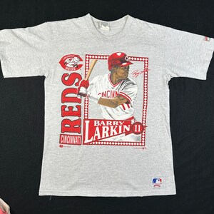 Camiseta com cartão de jogador Barry Larkin Reds 1991 Sz L (X850)