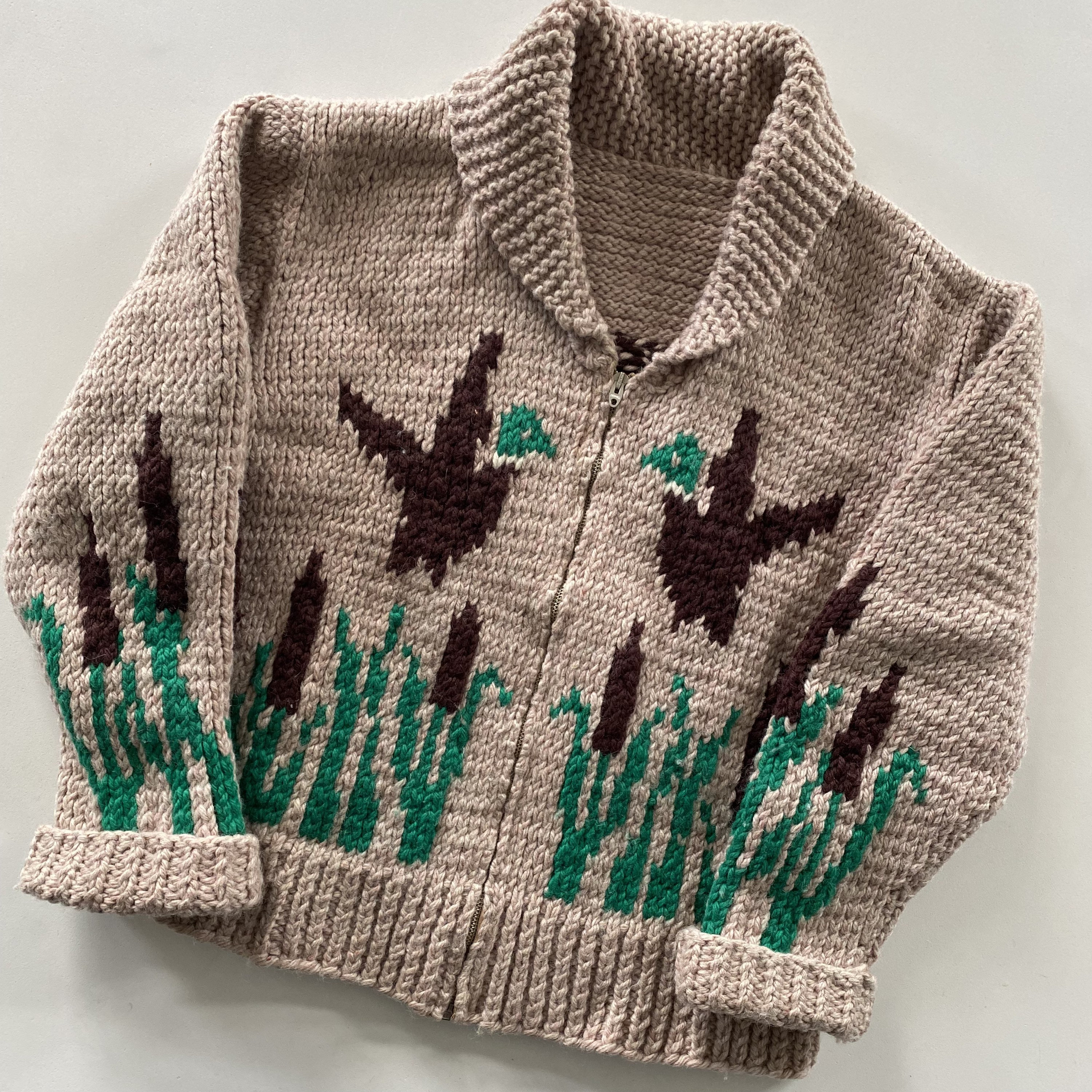 Vintage Hand Knit 100% Wool Cowichan Siwash Sweater Jacket Flying