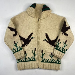 Vintage Hand Knit 100% Wool Cowichan Siwash Sweater Jacket Flying Birds 1708