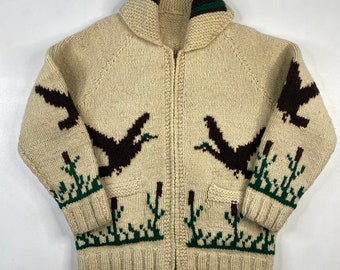 Vintage Hand Knit 100% Wool Cowichan Siwash Sweater Jacket Flying Birds 1708