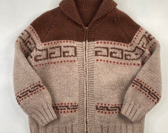 Vintage Hand Knit 100% Wool Cowichan Siwash Sweater Jacket Brown Red 1880