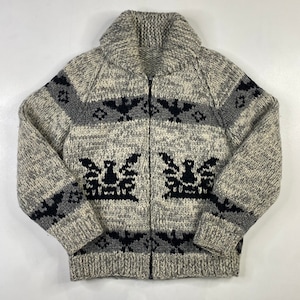 Vintage Hand Knit 100% Wool Cowichan Siwash Sweater Jacket Thunderbird (1716)