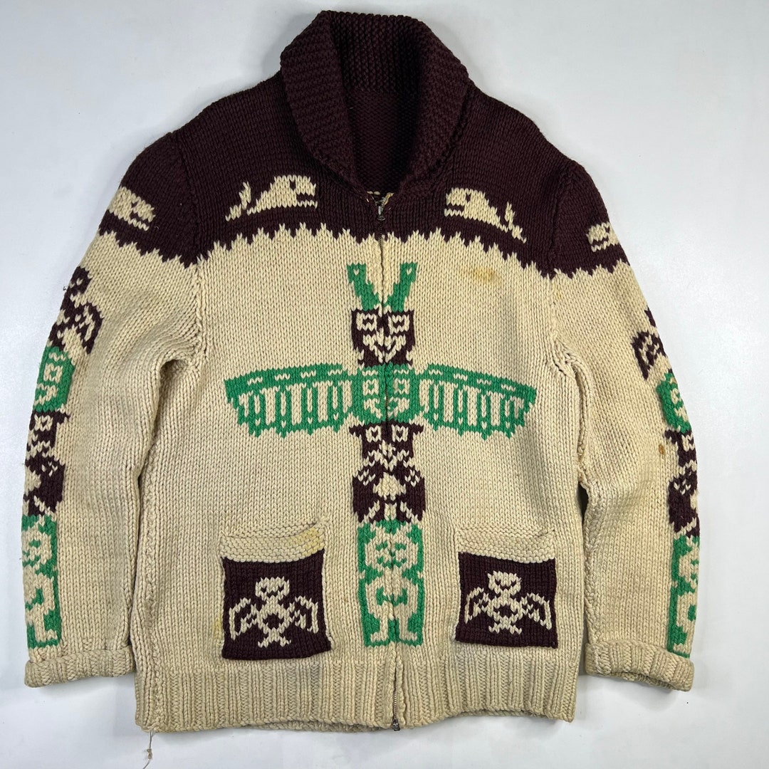Vintage Hand Knit 100% Wool Cowichan Siwash Sweater Native American Totem  Pole (3083)