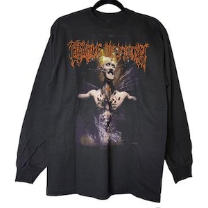 May include: Black long-sleeve shirt featuring a graphic design with the text "Cradle of Filth" in orange. The graphic depicts a skeletal figure with outstretched arms and a dark, gothic aesthetic.