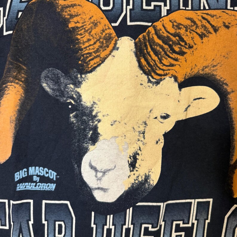 May include: Black t-shirt with a large graphic of a ram's head, featuring orange and yellow horns. The text "BIG MASCOT BY WAULDRON" is printed below the ram's head. The shirt has a vintage, distressed appearance, suggesting it is pre-worn.