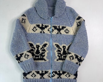 Vintage Hand Knit 100% Wool Cowichan Siwash Sweater Jacket Thunderbird (A1027)
