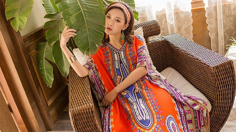 Womens Summer Retro Loose Fitting Oversized V Neck Irregular Robe Dress Womans Casual Dress Maxi Dress Travel Dress Dress For Women