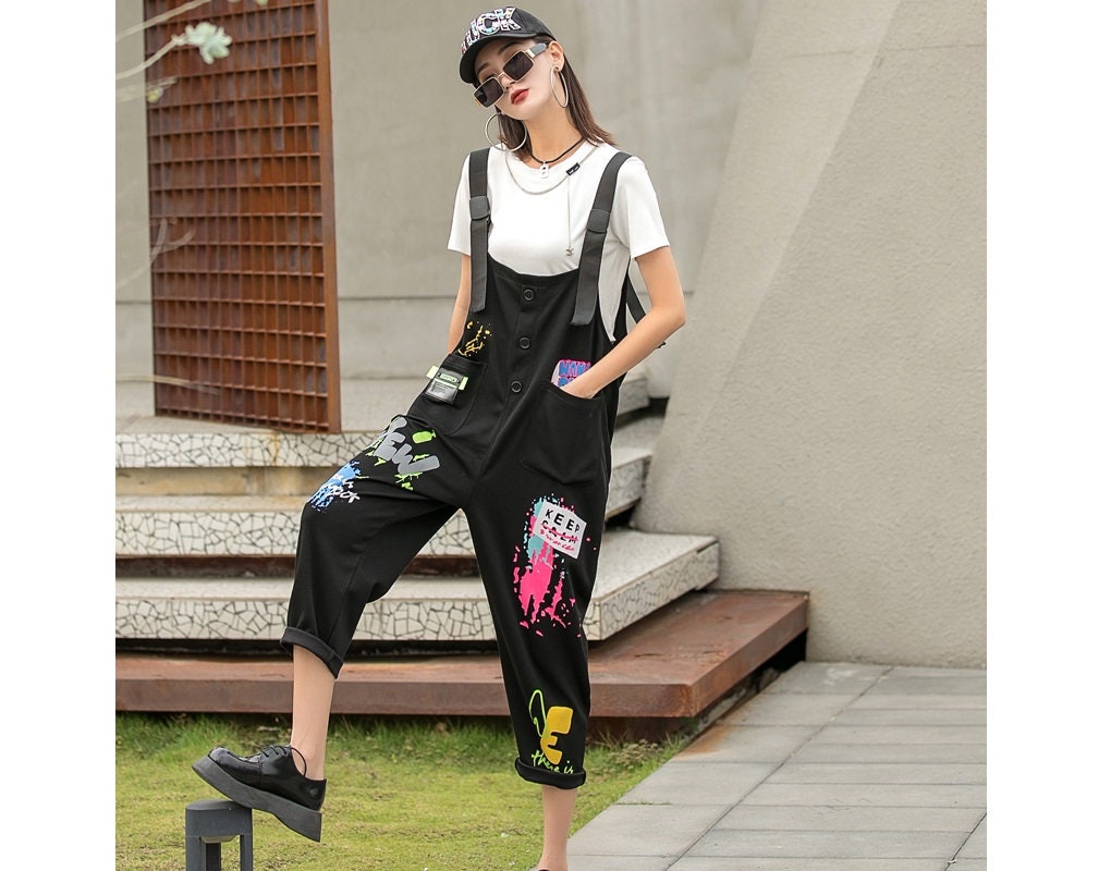 Womens Fashion Graffiti Cotton Overalls 