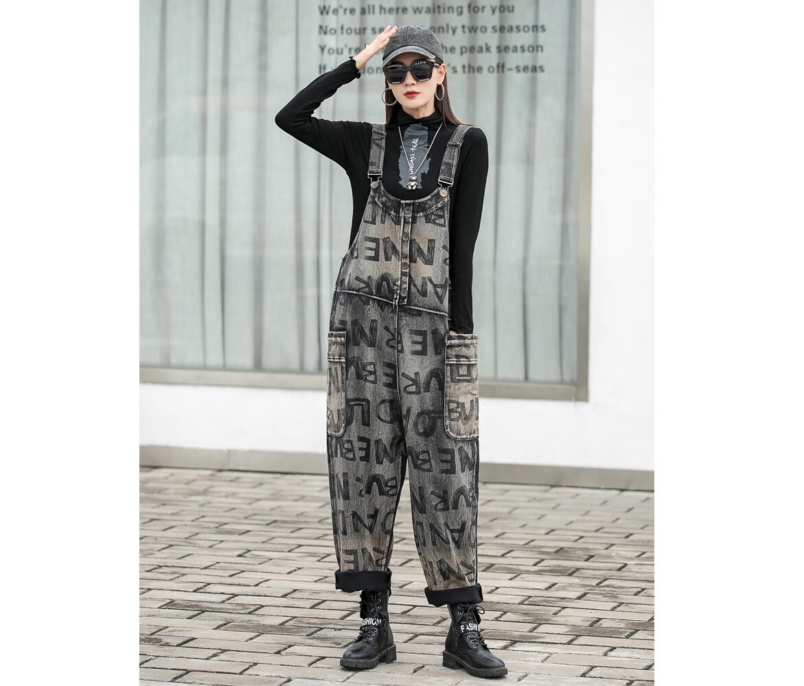 Fashion Letters Printed Jeans Overalls 