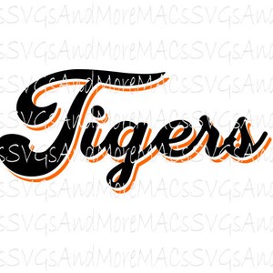 May include: Black and orange stylized text that reads "Tigers". The text is in a retro font style with a 3D effect.