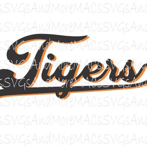 Pode incluir: Texto "Tigers" em preto e laranja com uma fonte de estilo vintage. O texto é contornado em laranja e tem uma sombra preta.