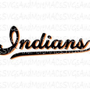 May include: Black and orange stylized text that reads "Indians" in a vintage baseball font.