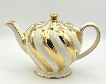 Teekanne mit goldweißen Streifen von Sadler, Vintage-Geschirr aus England, Vintage-Teekanne weißgold
