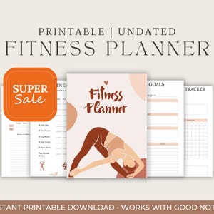 May include: Printable undated fitness planner with a pink and brown color scheme. The planner includes sections for goals, tracking, and weekly workouts. The cover features a stylized illustration of a woman doing yoga.