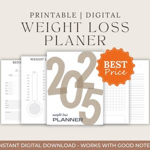 Op de afbeelding: Printbare en digitale gewichtsverliesplanner met een bruin 2023-ontwerp, een thermometer, een raster en gelinieerde pagina's. De tekst "BEST Price" staat op een oranje ster.