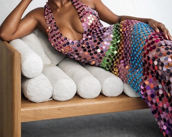 Sukienka Alyssa Dress V2, ręcznie robiona na szydełku, z cekinami, z odsłoniętym brzuchem – Festival Sparkle
