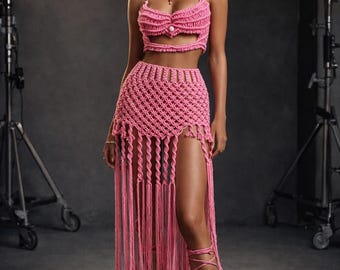 Zestaw spódnicy z makramy w kolorze różowym, ręcznie wykonany w Adelaide: strój na festiwal w stylu boho