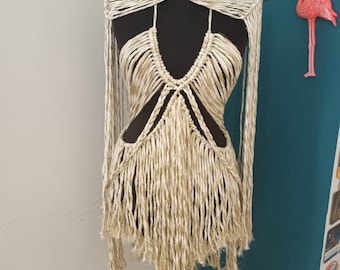 Maya Golden Macrame Dress, Beach cover up, boho hippie festival dress, macrame dress, mini handmade dress