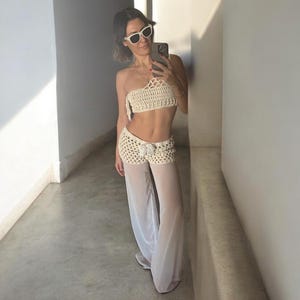 Frau häkeln handgemachte Hosen Set, Chiffon Hosen Set, gestrickte zweiteilige Set, Boho Hose