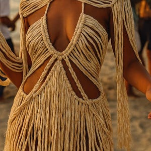 Maya Golden Macrame Dress, Beach cover up, boho hippie festival dress, macrame dress, mini handmade dress