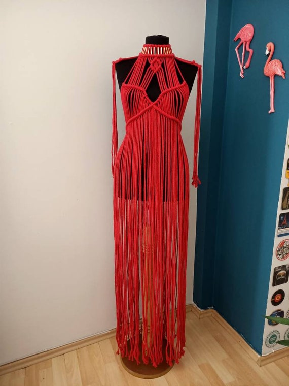 Fringed recycled-bandage gown