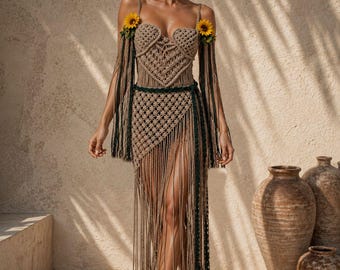 Sukienka Asiah Boho z makramą i słonecznikami, szydełkowana, ręcznie robiona, plażowa, inspirowana festiwalem Burning Man