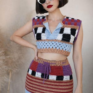 Set vintage gehaakte rok: handgemaakte crop top en vest voor de herfst