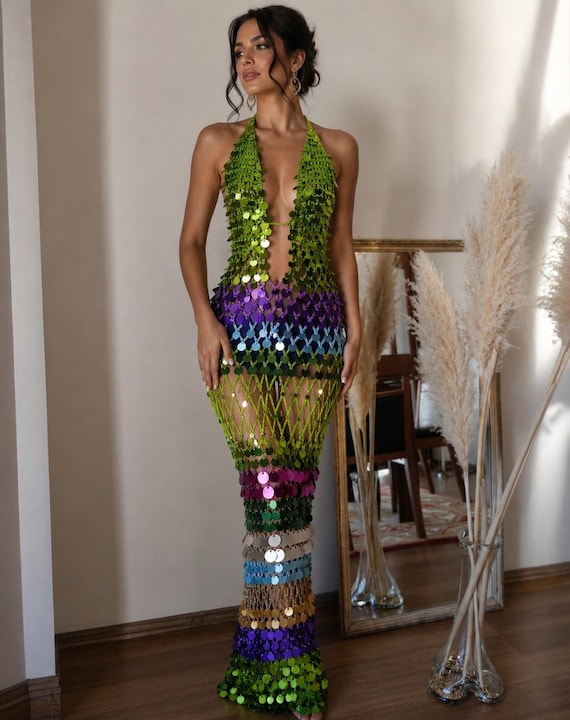sequin crochet maxi dress Halterneck Tassel Maxi Dress In Beige Sequin Crochet Knit | EGO US