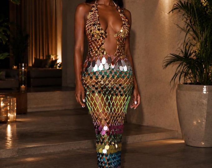 Jasmyn Dress- Handmade Crochet Maxi Dress with Colorful Sequins – Eye-Catching and Shiny Design