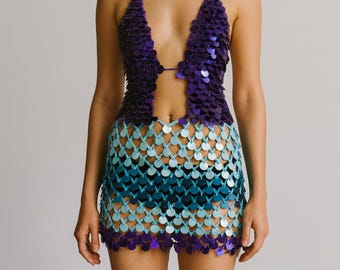 Victoria Dress in Purple and Blue- Handmade Crochet Dress with Sequins – Eye-Catching and Shiny Design