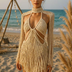 Maya Golden Macrame Dress, Beach cover up, boho hippie festival dress, macrame dress, mini handmade dress