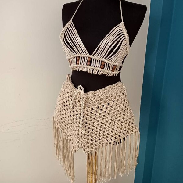 Sexy Knitted Two Piece Set Swimwear Women Backless Crop Top and Tassel Long Skirts Sets Summer Beach Vacation Party Club Outfits main image 1