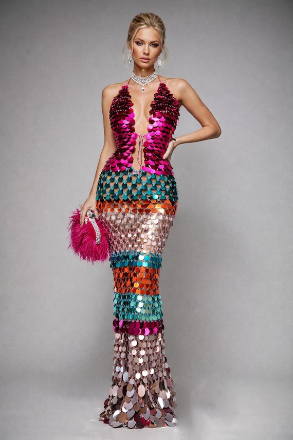 Mikeisha Dress- Handmade Crochet Maxi Dress with Colorful Sequins – Eye-Catching and Shiny Design
