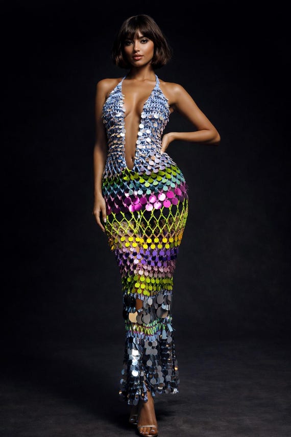 latto crochet dress Tyla Dress- Handmade Maxi with Colorful Sequins – Eye-Catching and Shiny Design Color:Platinum Multi sizechart:menstops hued crochet fabrication of Women's Burgundy Plus Dress Liv