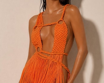 Sukienka Elisa Macrame Midi: Ręcznie tkany strój boho z frędzlami
