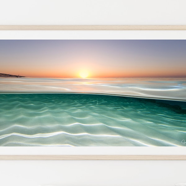 sunrise, ocean photography, Heron Island, over/under, split photo, underwater photo, home decor, wall art, nature, soothing, tranquil, ocean