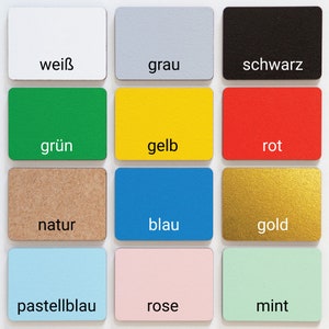 May include: Nine color swatches with German color names: white, gray, black, green, yellow, red, natural, blue, gold, pastel blue, rose, and mint.