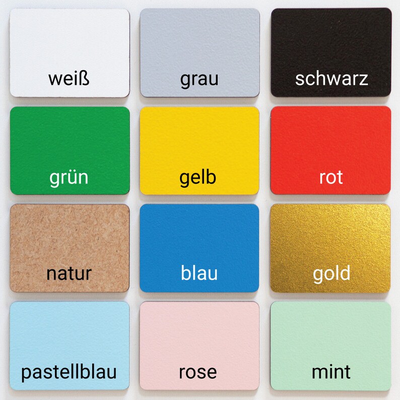 May include: Nine color swatches with German color names: white, gray, black, green, yellow, red, natural, blue, gold, pastel blue, rose, and mint.