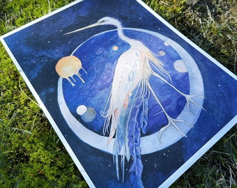 The Heron Moon | 9x12 Art Print | Watercolor painting, fantasy, mystical, dark fairytale