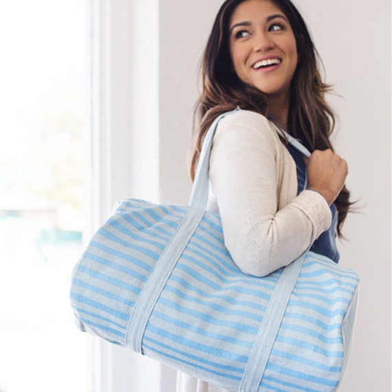 Canvas Darling Duffel Duffel Bag Travel Bag Overnight Bag Blue Striped Duffle Blue and White Canvas Duffle Etsy Ireland