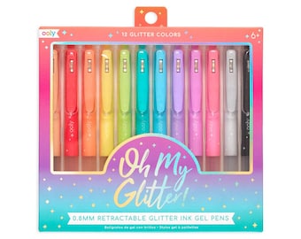 May include: A set of 12 retractable glitter gel pens in a rainbow of colours. The pens are packaged in a pink and blue box with the text "Oh My Glitter!" and "0.8MM Retractable Glitter Ink Gel Pens".