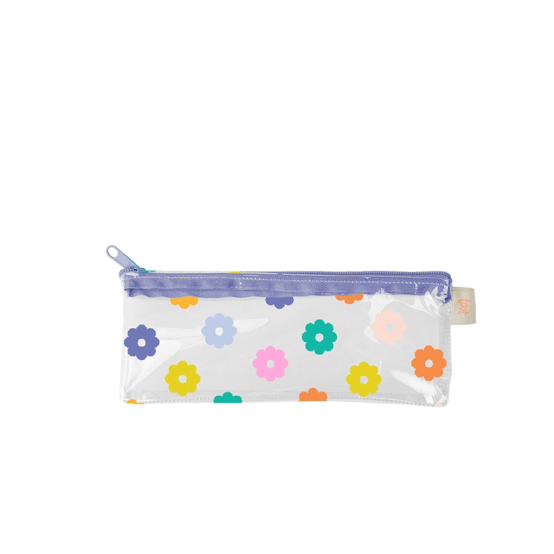 Clear vinyl pencil pouch with multi-color daisies ; blue zipper enclosure at top