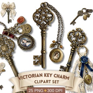 May include: A collection of antique-style keys and charms in various designs. The keys are bronze-colored with ornate details, some with attached lockets, bows, and lace. The image includes the text "VICTORIAN KEY CHARM CLIPART SET".