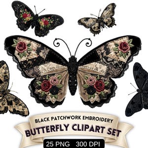 Puede incluir: Un conjunto de seis diseños de mariposas con intrincados detalles de patchwork y bordado. Las mariposas presentan encaje negro, detalles florales y una variedad de patrones. La imagen incluye el texto: "Black Patchwork Embroidery Butterfly Clipart Set".